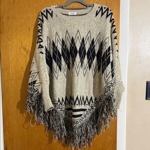 Black and Cream Geometric Fringe Poncho